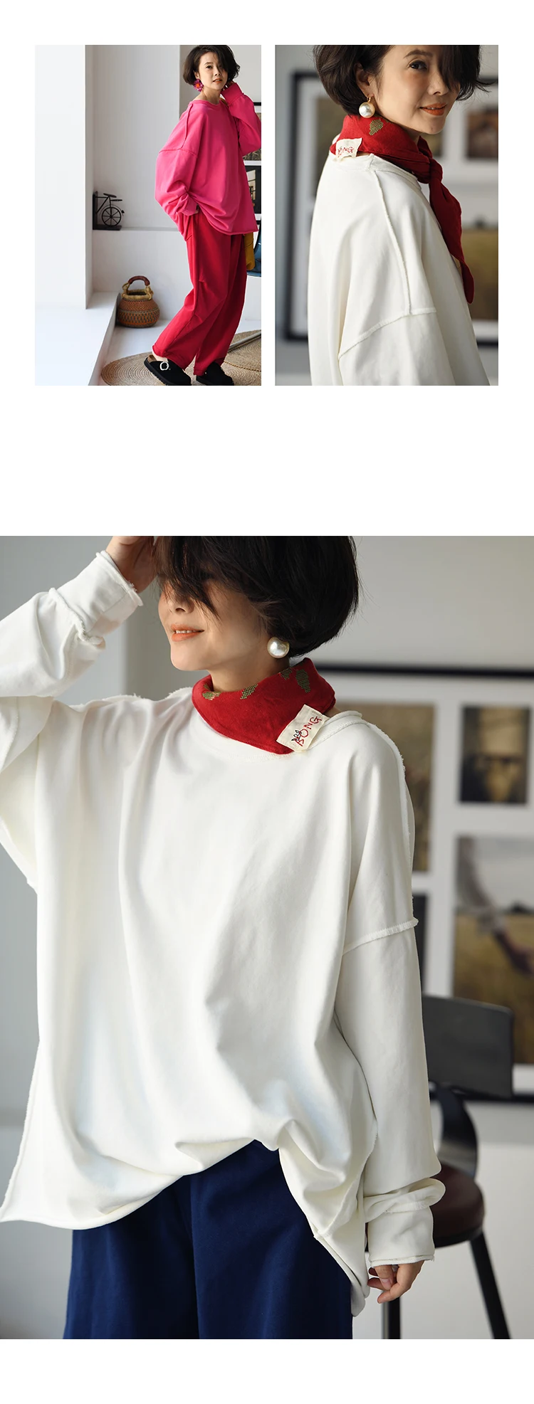 R17800 Artistic and Simple Style, Mid-Length, Loose Fit, Oversized Pure Cotton Spring Pullover Sweatshirt for Women