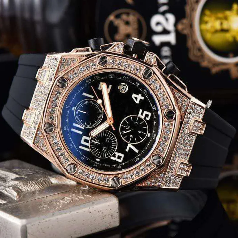 

Full function quartz watch 6-needle multi-functional carved men's watch Fashion diamond set men's watch