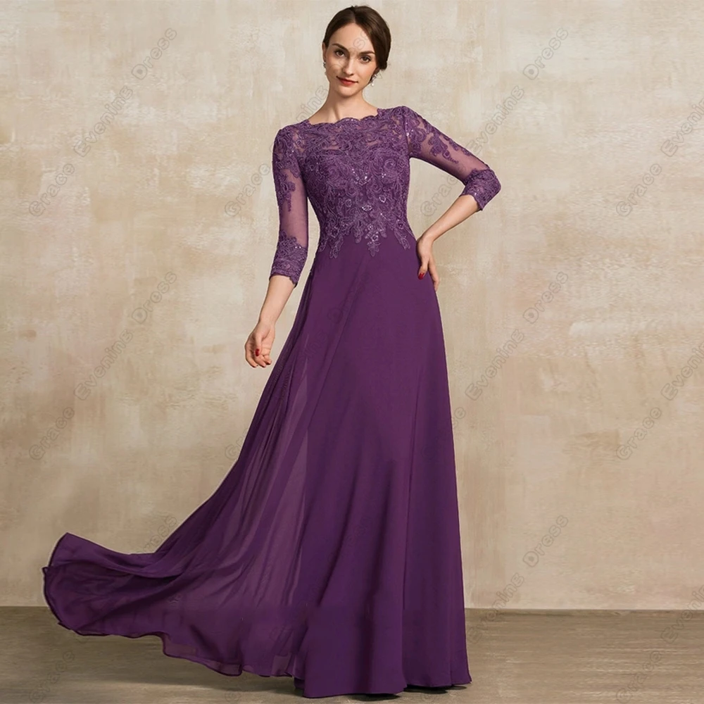 Purple Three Quarter Mother of Bride Dresses with Lace Chiffon Wedding Party Dresses Zipper Back Summer