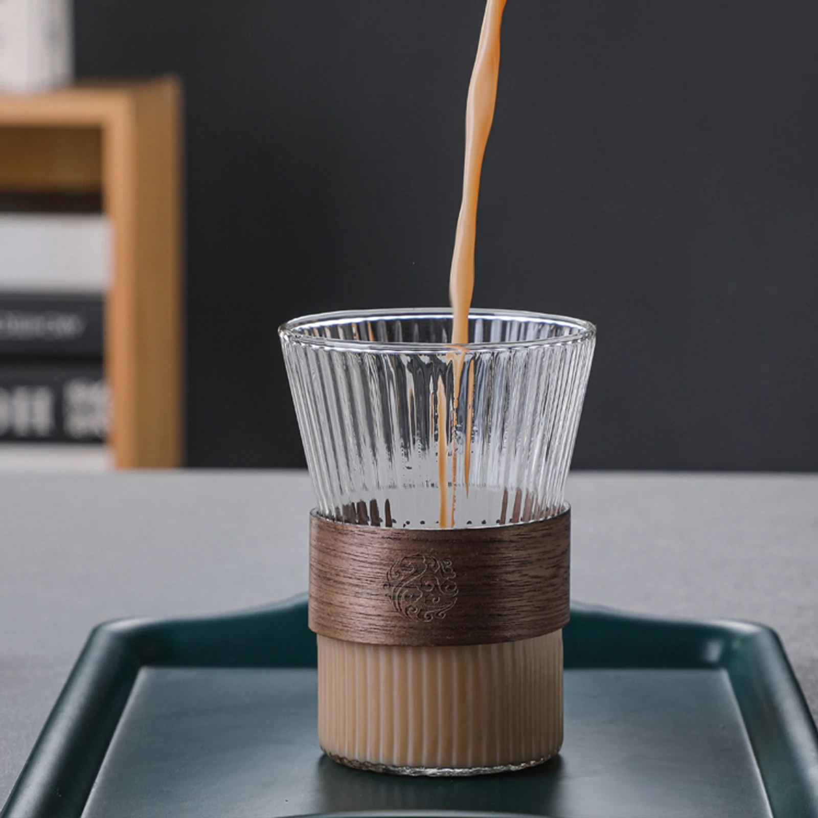 

Glass Coffee Cup With Wood Chips Heat And Condensation-resistant Scratch Free Borosilicate Retro Style Milk Juice Mug