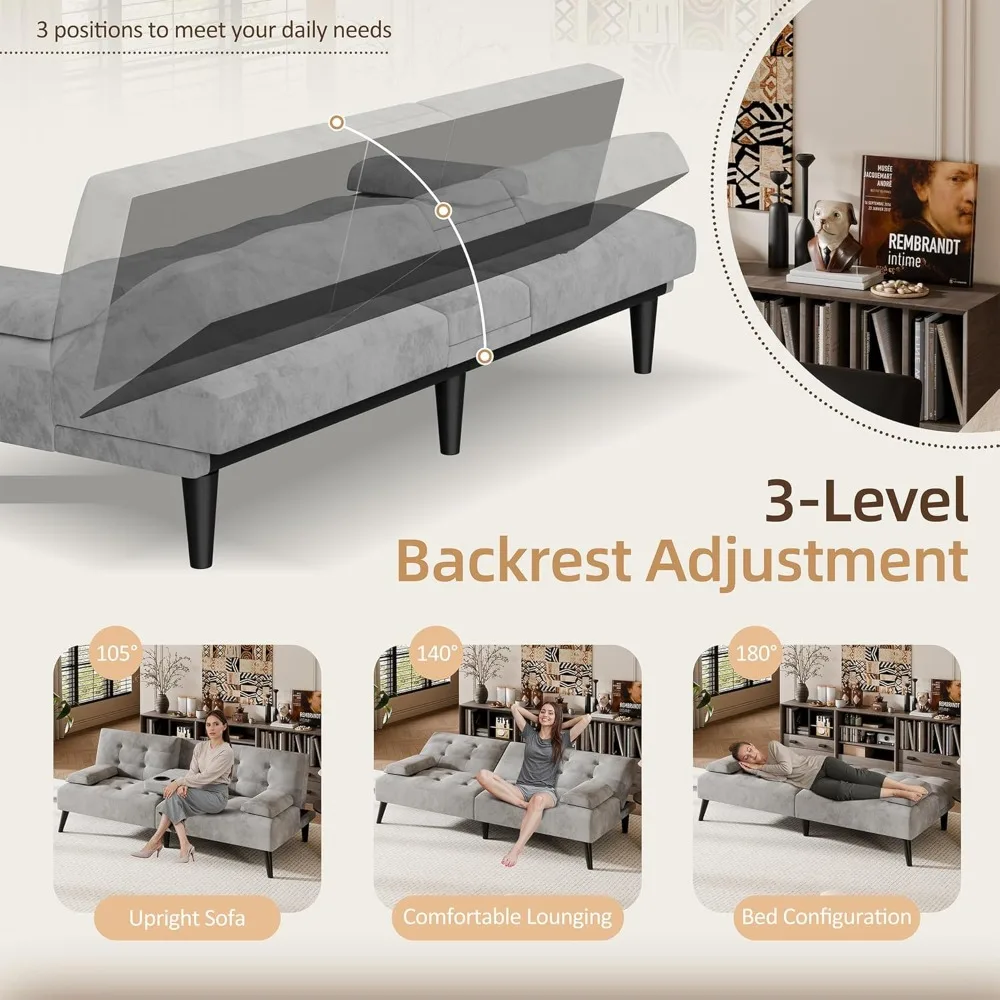 futon sofa bed, velvet foldable couch reclining sleeper w/removable armrests, upholstered loveseat w/folding cup holders for ho