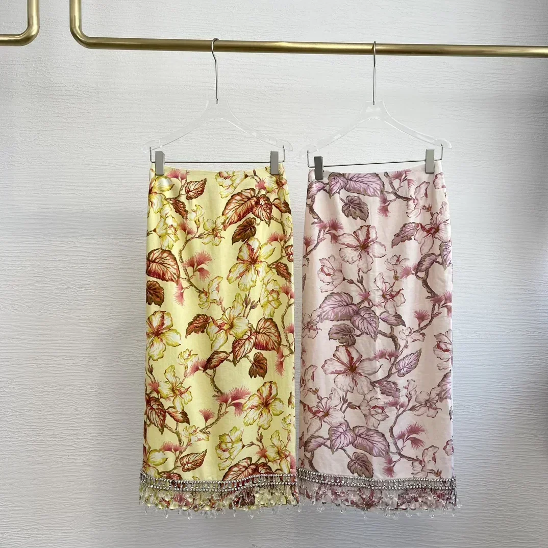 

20224 Linen Spring Summer New Arrival Yellow Hibiscus Print Fashion Elegant Office Lady Skirt for Women