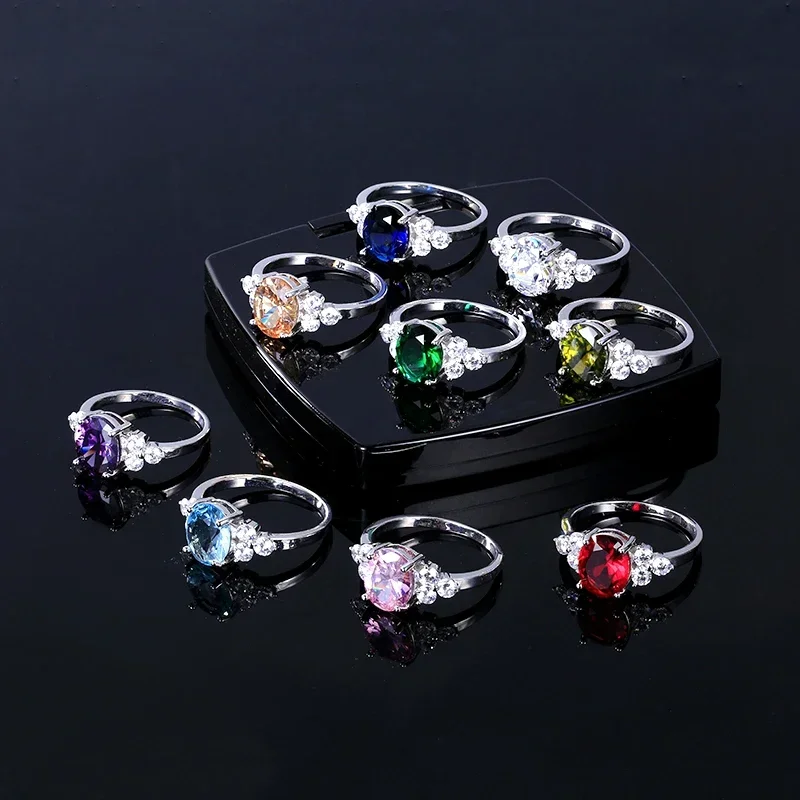 Elegant 925 Sterling Silver Zircon Ring with Multi-Colored Oval Stones – Perfect Fashion Jewelry