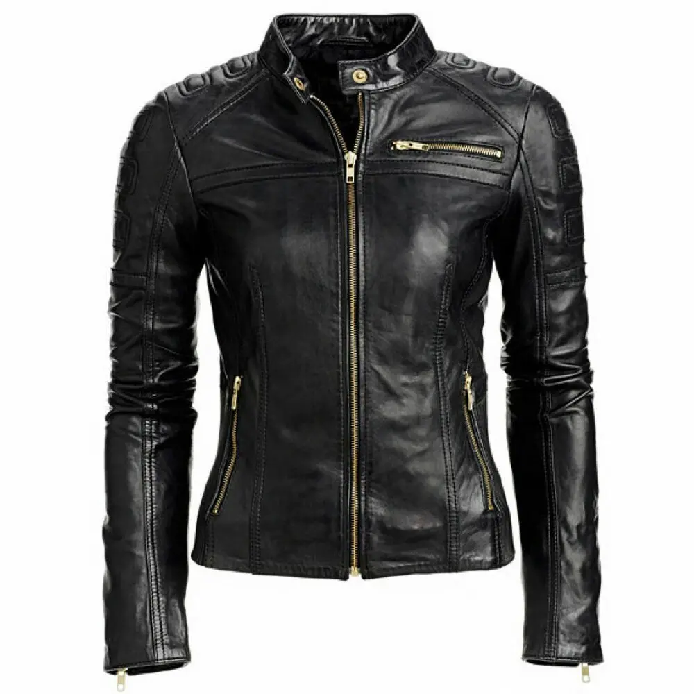 Women Black Cafe Racer Genuine Leather Motorcycle Slim Fit Rave Biker Jacket Real Leather Coat men´s slim fit stand collar motorcycle biker leather jacket plus size 3xl mens leather jackets fall winter coat