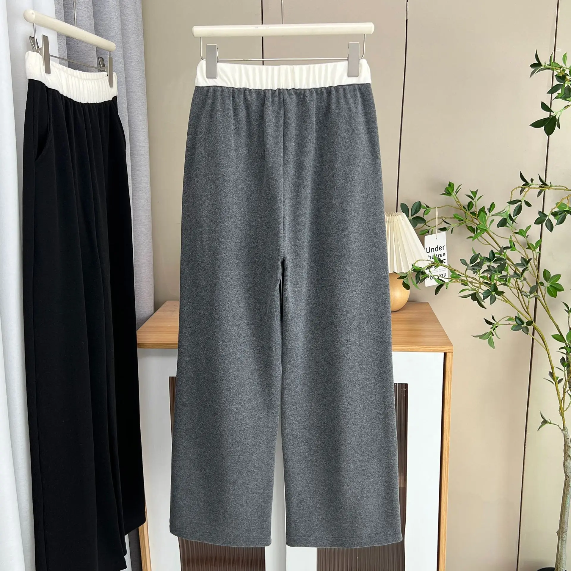 Plus Size Women's Straight Leg Pants Autumn Casual Color Blocking Hight Waisted wide-leg Trousers 387