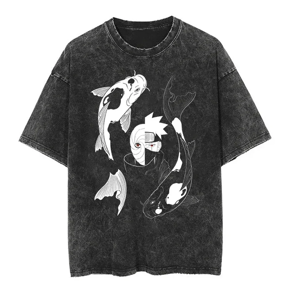 Men Streetwear Tshirt Japanese Naruto Anime Graphic T-Shirt Cotton Harajuku Washed T Shirt Summer Hip Hop Tops Tees Black