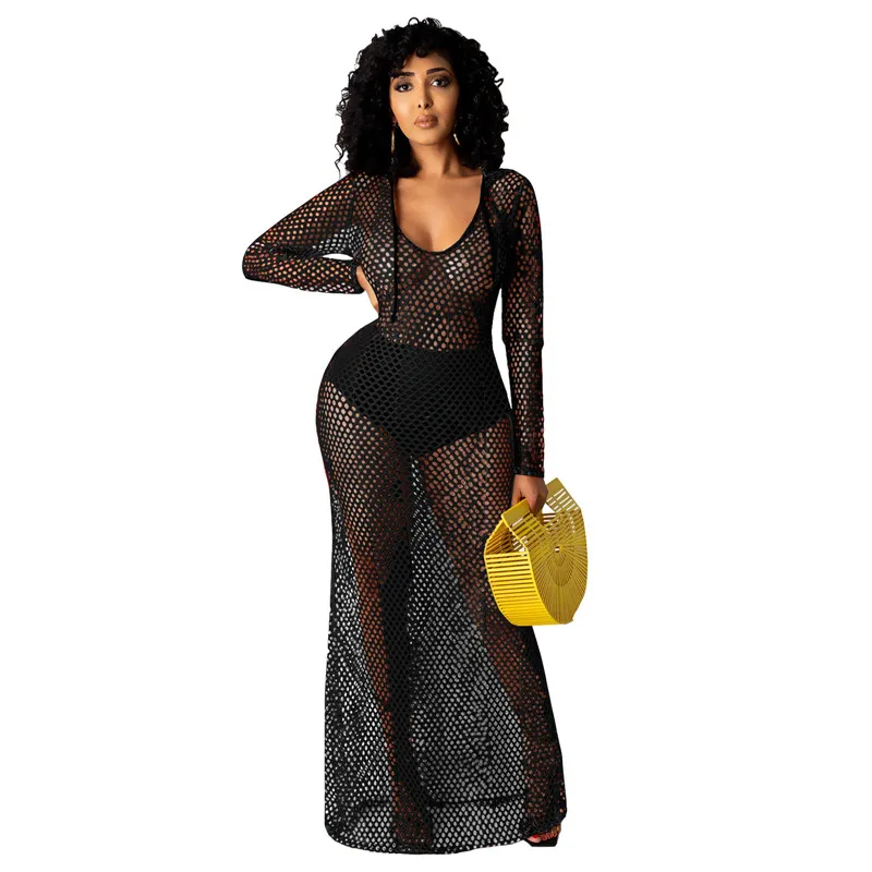 

Long Sleeve Hooded Fishnet Women Dress Sexy Hollow Out See Through Maxi Cover Ups Vestidos Black Nightclub Party Ladies Outfits