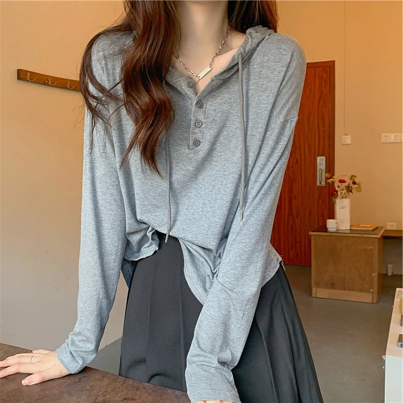 Loose Fit Long Sve Hoodie Women's Spring Autumn Thin Sle Korean Faion Student Versatile Clothes Outerwear T-irt