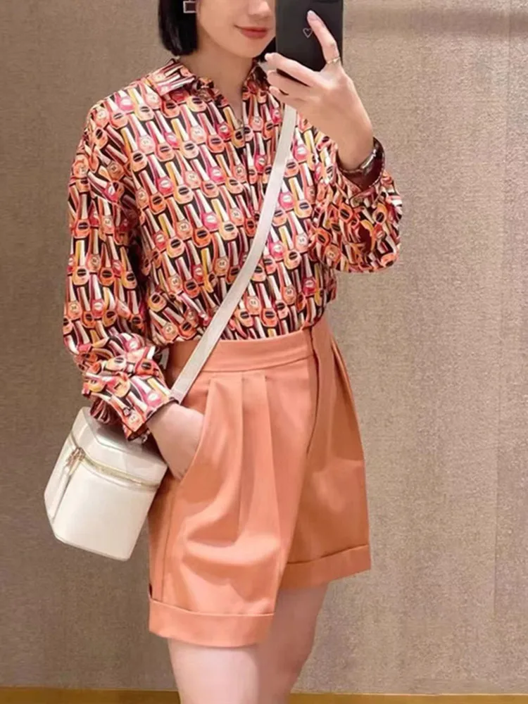 

Letter Print Women Turn-Down Collar Blouse Ladies Vintage Long Sleeve Autumn Fashion Casual Single Breasted Silk Shirt and Tops