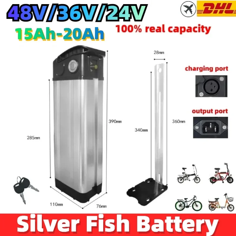 

Top Discharge 24V 36V 48V E-Bike Silver Fish Battery for 350W 500W 750W 1000W E-bike Li-ion Battery Pack Equipped with charger