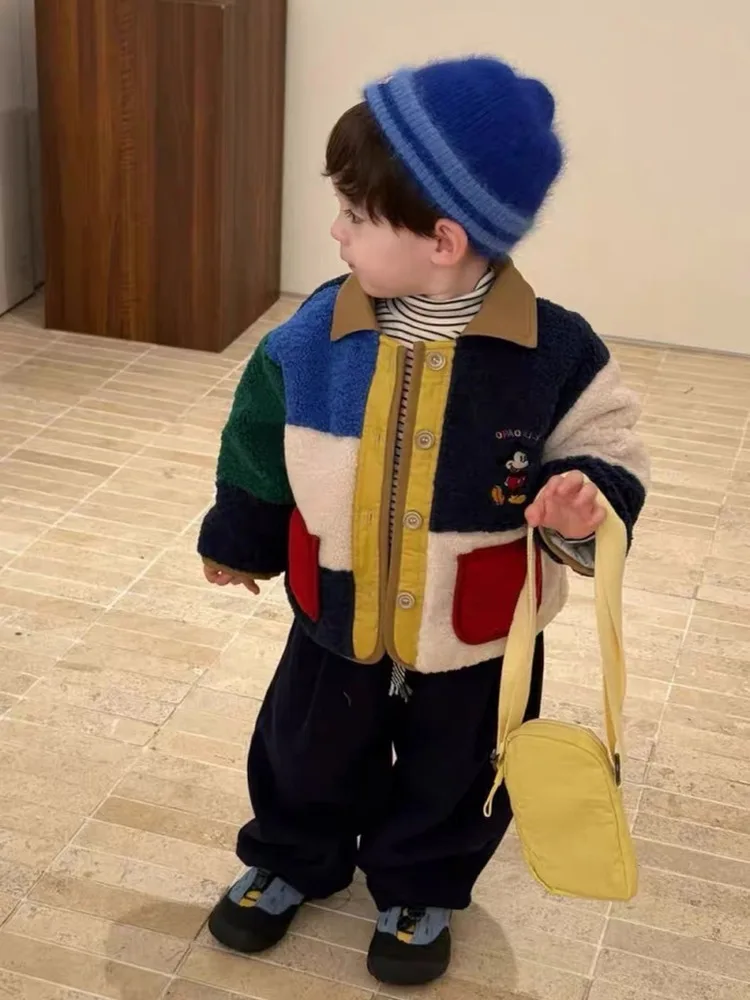 소년용 플리스 재킷 따뜻한 칼라 자수 코튼 패딩 코트 아동용 겨울옷 트렌디한 컬러 블록 디자인  남아 아우터웨어
