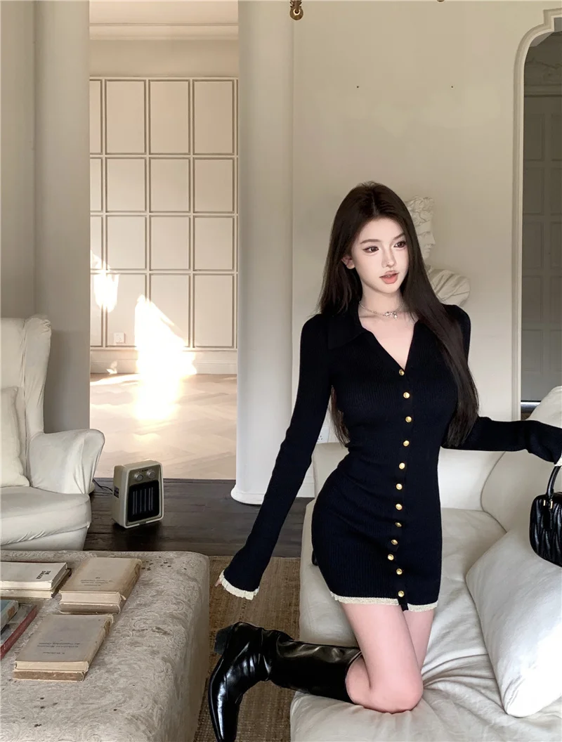 Elegant Knitted Mini Dresses for Women V-neck Flare Sleeve Bodycon Slim Party Dress Korean Fashion New Short Vestidos Mujer