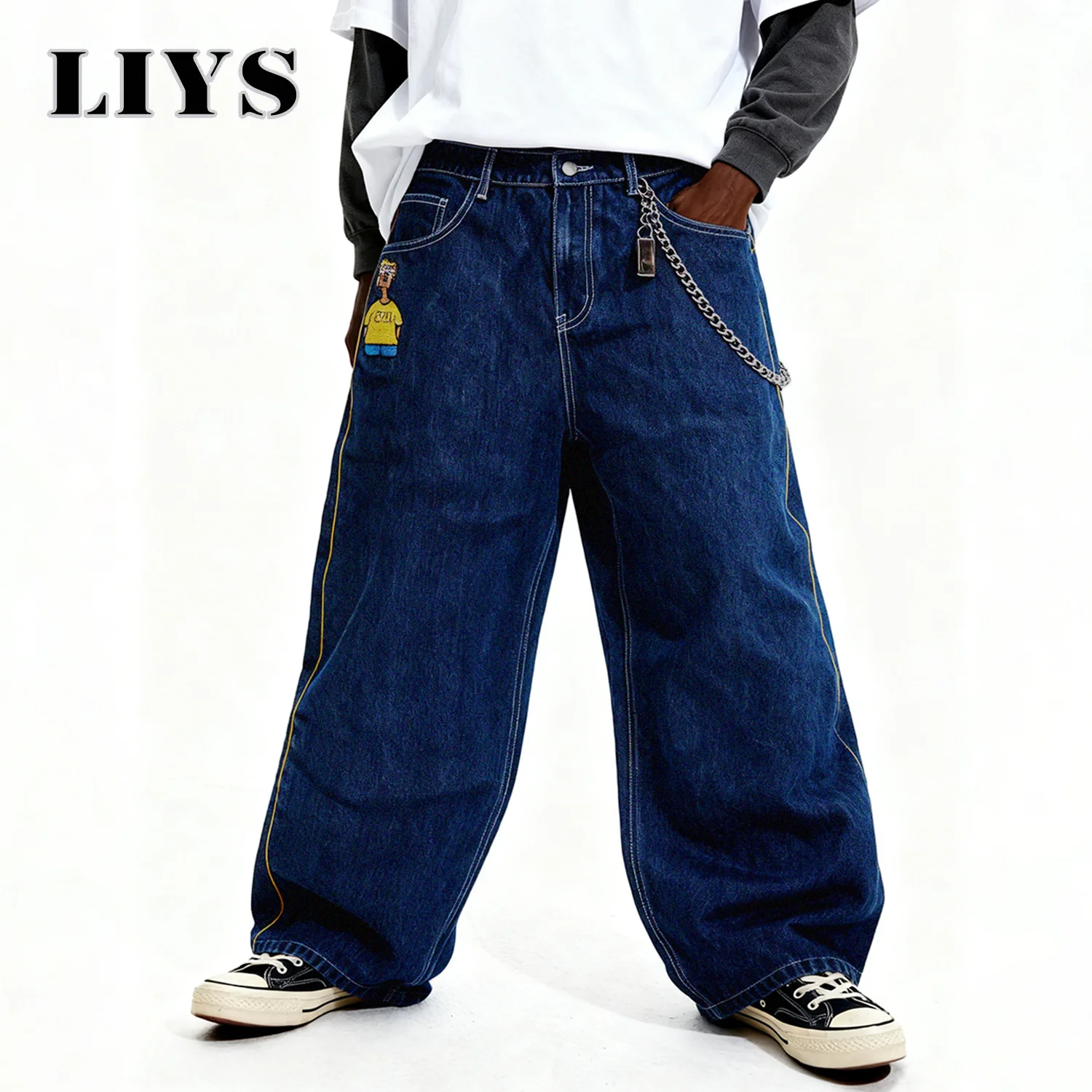 الرجال الأمريكية الرجعية الهيب هوب الكرتون التطريز فضفاض واسعة الساق الجينز الكورية للجنسين عادية فضفاض الدنيم السراويل سكيت السراويل