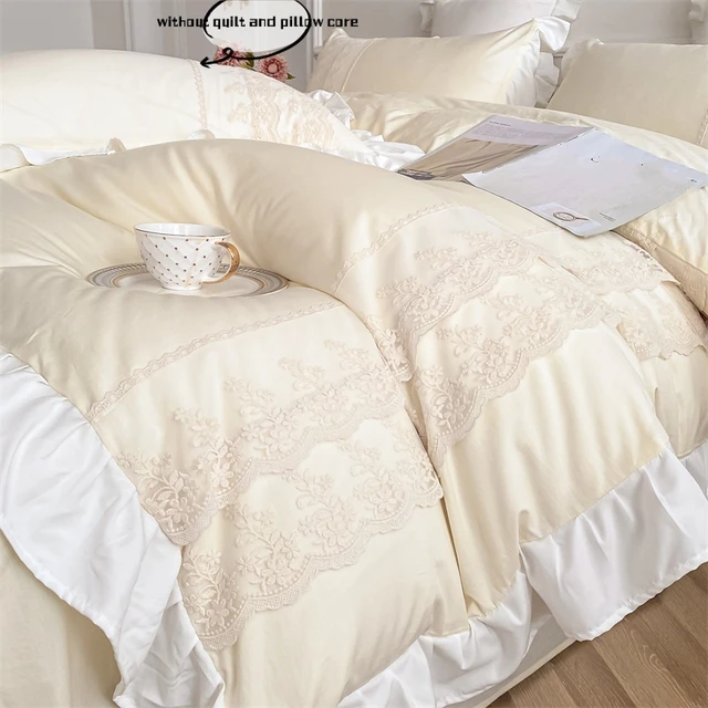 Ensemble de literie en dentelle de style princesse, housse de couette avec taies, roi et double, beige, 3 pièces 4