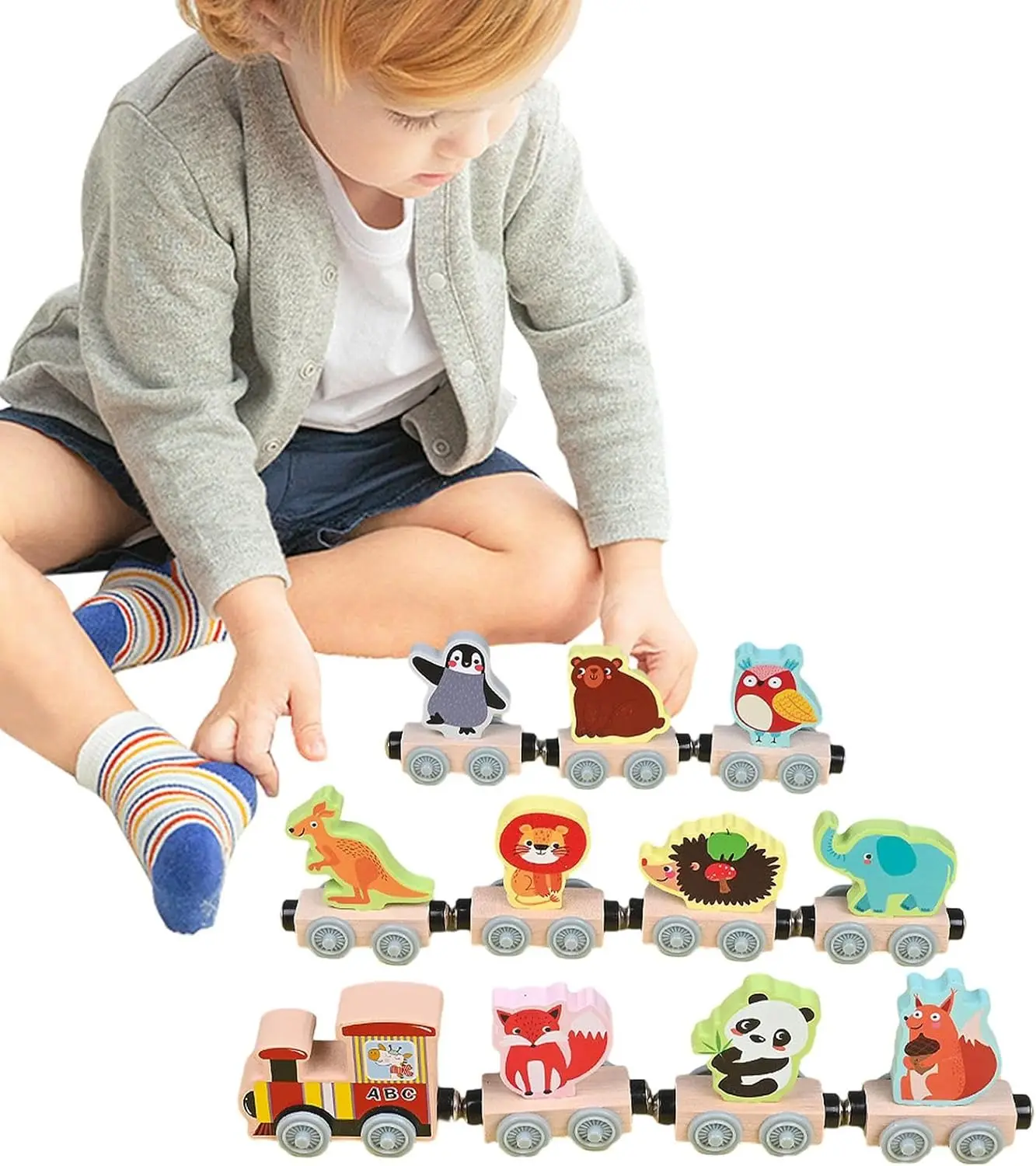 Montessori Wooden Magnetic Train Toys Car Cartoon Set Early Educational Sorting and Stacking Toy Sensory Fine Motor Skills