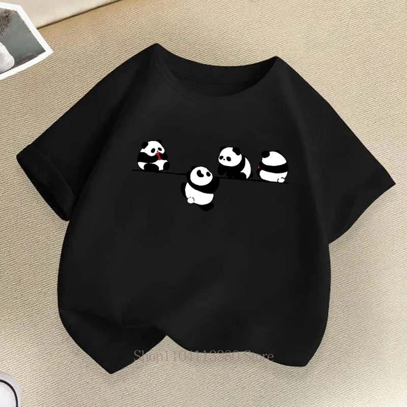 Colorful Cute Panda Graphic Print Kids' Summer T-Shirt - Short Sleeve Crew Neck