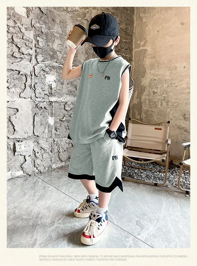

2023 Korea Hot Sale 2 PCS Boy Summer Short Sleeveless Suits Kid Clothes New Children Teen Clothing Children 5 6 8 10 12 14 Year