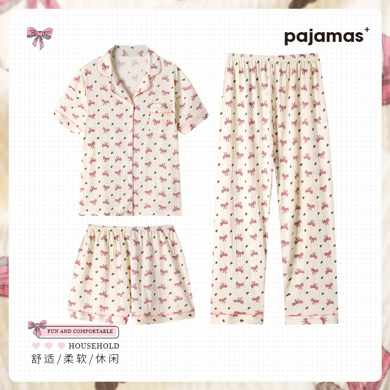Sweet Girl Spring and Summer Bow Full Print Pajamas Female Summer Short-Sleeved Three-Piece Set of Loose Homewear Girls Pajamas