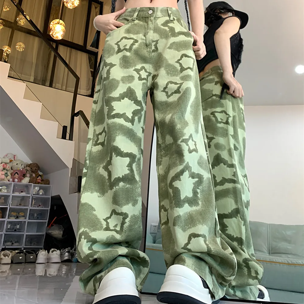 

Green low Waist Women Overalls Camouflage American Fashion Loose Streetwear Style Wide Leg Female Trouser Baggy Straight Pants