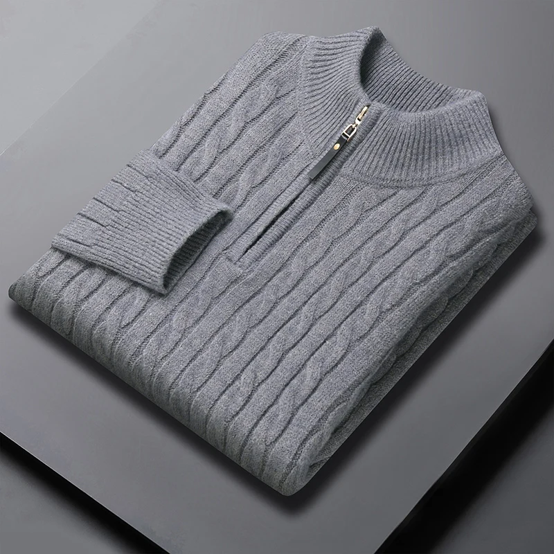 

New Spring Autum Men's Fleece Thicker Sweater Half Zipper Turtleneck Warm Pullover Quality Male Slim Knitted Sweaters