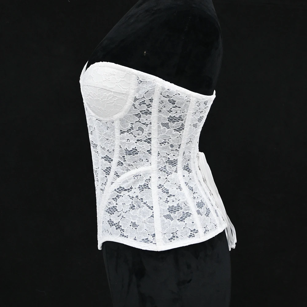 Steel Bone White Lace Corset V-Neck Top Sexy Sheer Bustier Tops for Women Pure Color Corset Waist Shapewear Lingerie Overbust - Image 5