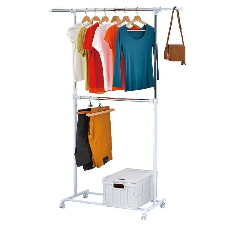 2 Tier Adjustable Chrome Rolling Garment Rack with Silver Metal and White Rod US 5