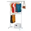 2 Tier Adjustable Chrome Rolling Garment Rack with Silver Metal and White Rod US 5