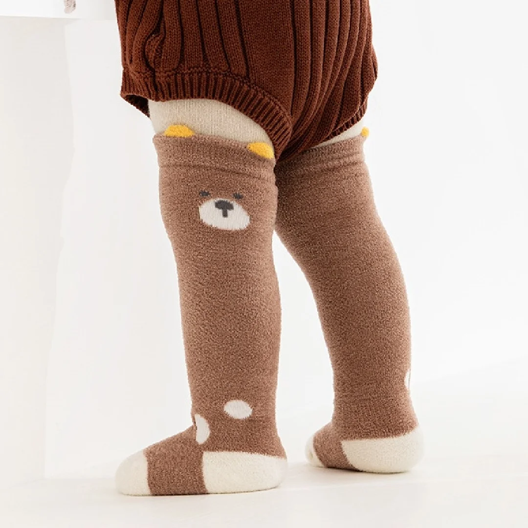 3 Pairs Winter Newborn Baby Long Socks Set Fleece Lined Thickened Warm Cartoon Socks Loose Cuff Seamless No Bone Socks