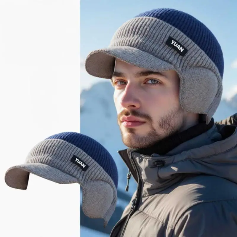 Zweifarbige gestrickte Baseballkappe – Outdoor-Aktivitäten, modische Herrenmütze mit Gehörschutz, perfekt für Paarmützen – Detail 1