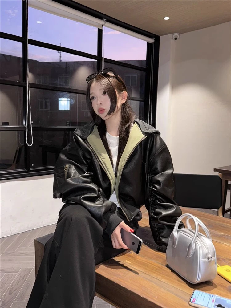 Double Sided Detachable Hooded PU Leather Jacket For Women's Autumn And Winter Haute Couture Thickened Cotton Coat Cardigan