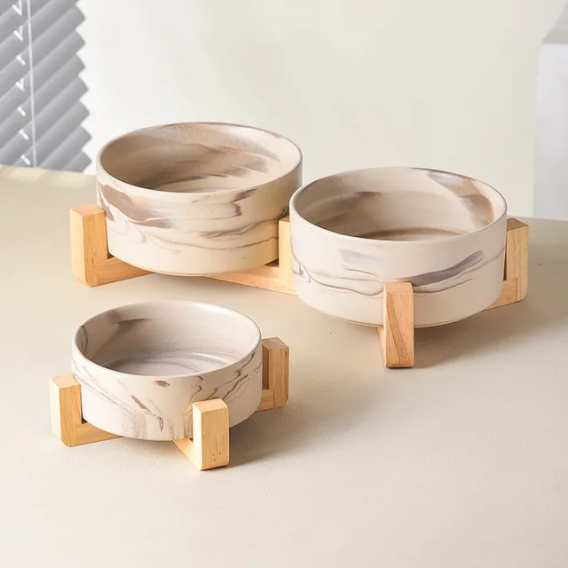 Marbling Ceramic Cat and Dog Bowl Medium Large Dog Feeding and Feeding Double Bowl with Wooden Rack Pet Puppy Accessories 2