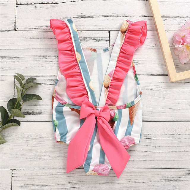 Baby Girl Two Piece Swimsuit Clothes Set Infant Summer Bow Swimwear Children Ruffle Bodysuit Girls Printed Beach Wear