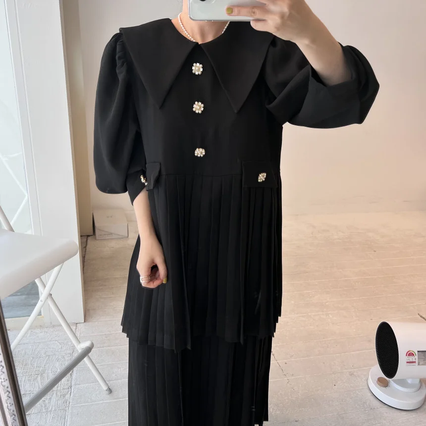 [EWQ] Spring New 2022 Lapel Flowers Buttons Decoration Dress Women Pink Robe Puff Sleeve Clothing Double Layers Pleated Dresses occasion dresses