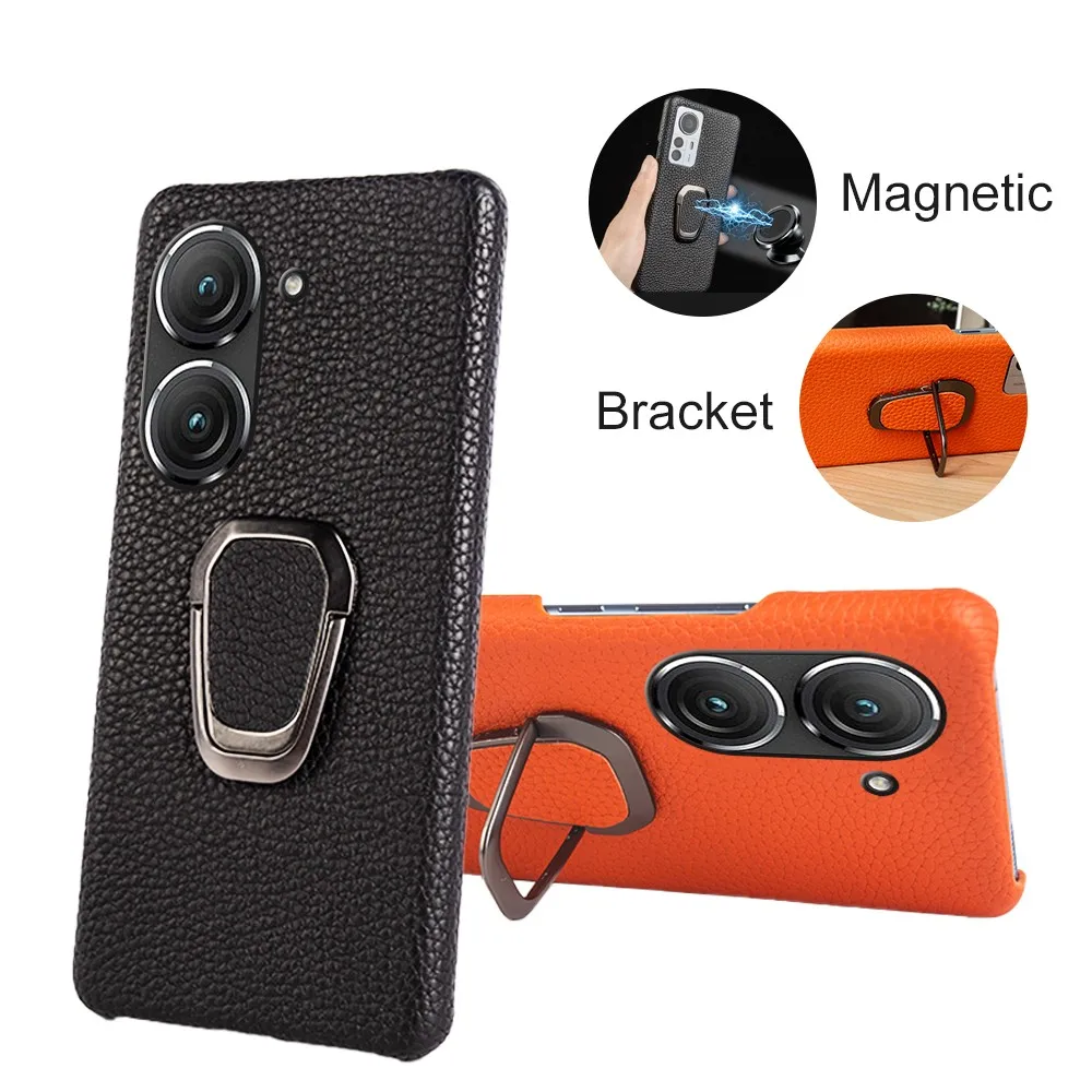 Handmade Genuine Leather Protective Phone Case with Stand Holder, Back Shell Cover