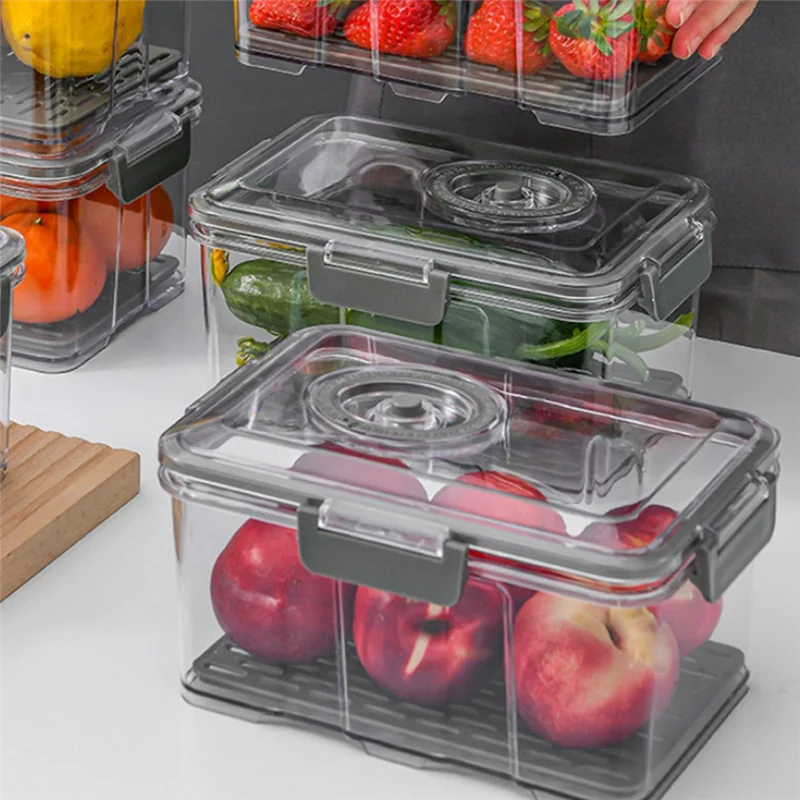 Vacuum Food Storage Container Transparent Fridge Organizer With Drain Net Capacity Food Dispenser For Kitchen-Y78A