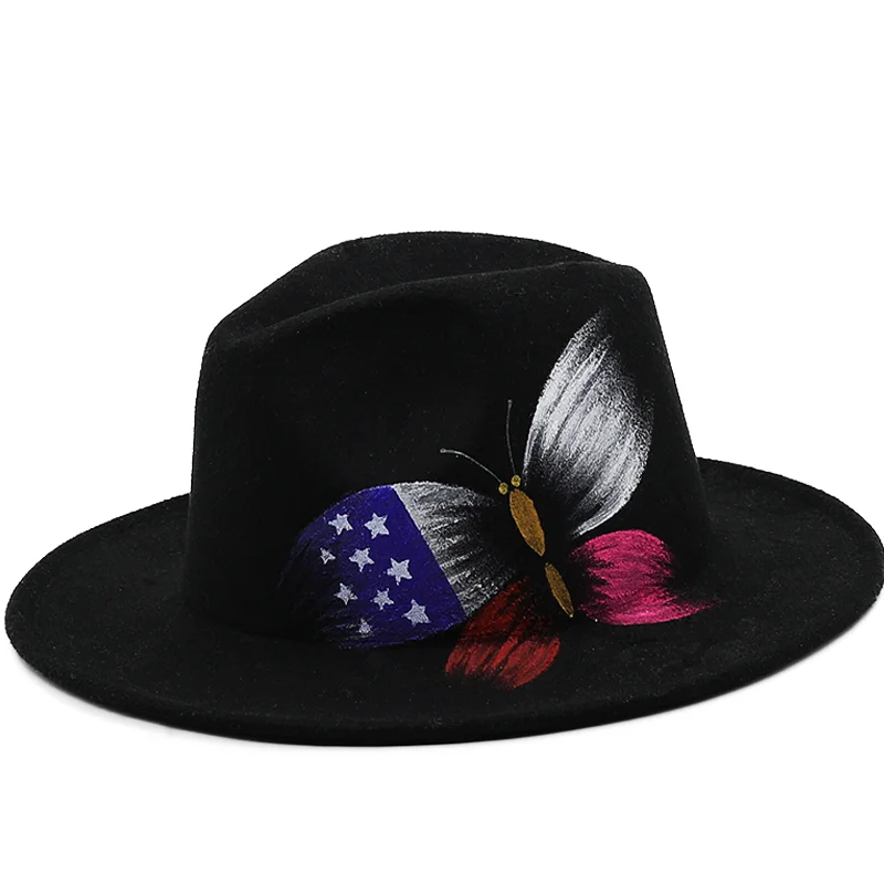 New Fashion DIY Painting Wool Felt Fedora Hats Women Men Party Trilby Jazz Church Hat Handmade Wide Brim Panama Caps 1