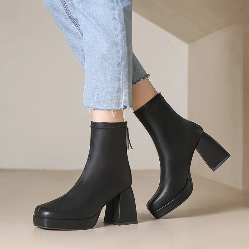 New Autumn Winter PU Leather Short Boots Women Square High Heel Women Shoes Zipper All Match Ankle Boot Female Platform Shoes