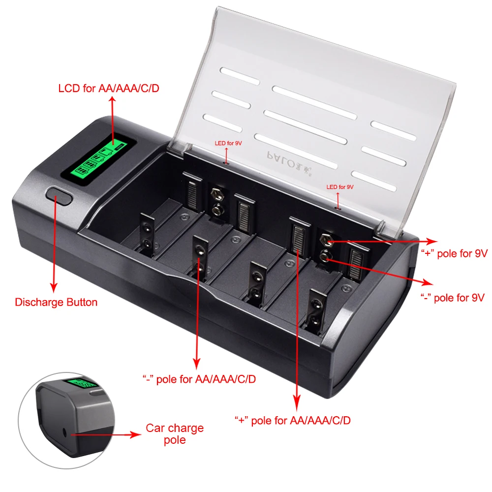 Battery Charger PALO Multi Usage 4 Slots LCD Display Battery Charger For Nimh Nicd 1.2V AA AAA C D Size or 9V Rechargeable Battery Quick Charger charger adapter battery charger battery charger adapter