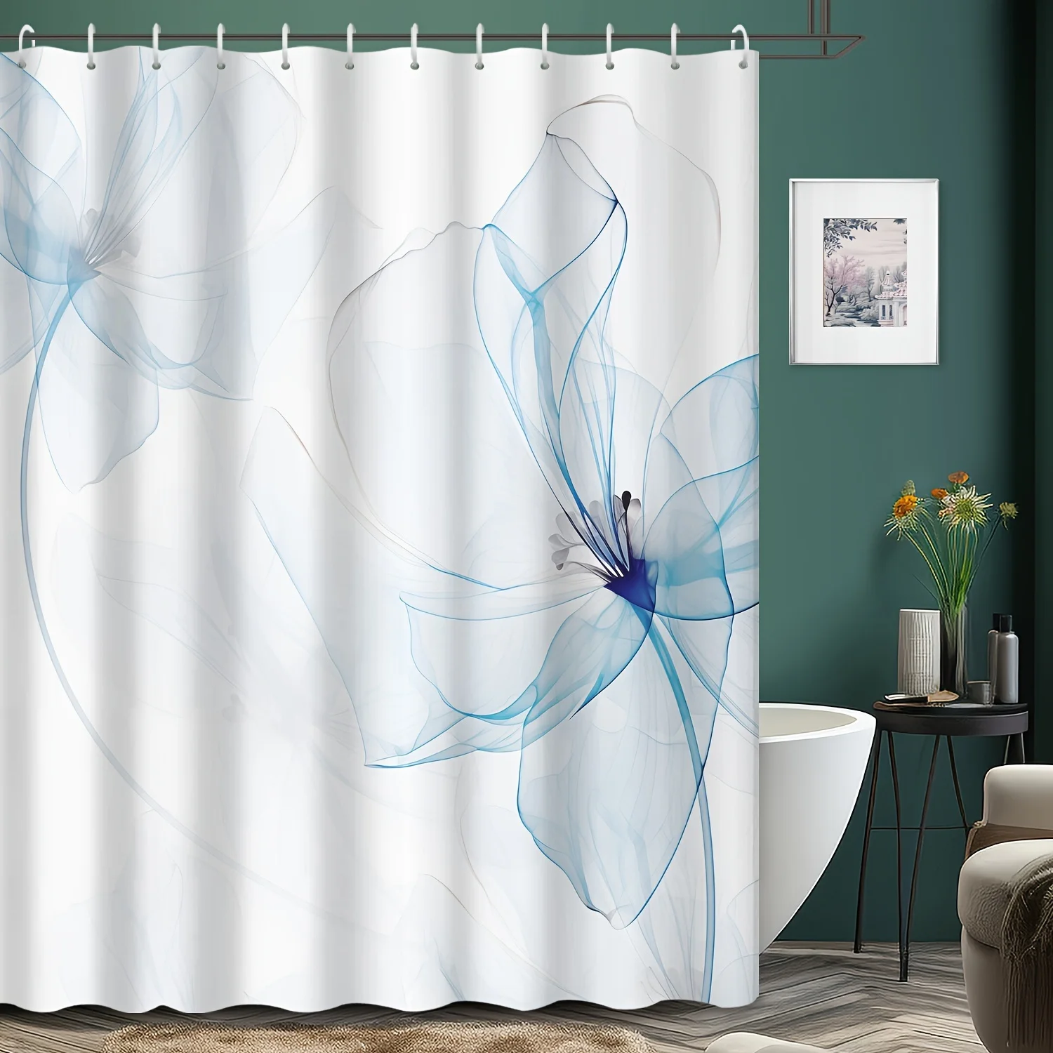 ม่านอาบน้ำลายดอกไม้สีน้ำเงิน ดีไซน์เรียบง่าย ตกแต่งห้องน้ำอย่างหรูหรา ผ้ากันน้ำ ชุดม่านอาบน้ำ บ้านสไตล์โมเดิร์น 1