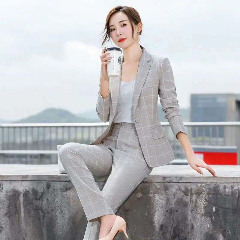Plaid Splice Slim Fit Jacket Blazer Casual Wide Leg Pants Two Piece Elegant Women's Pants Suit Summer Office Business Set Outfit