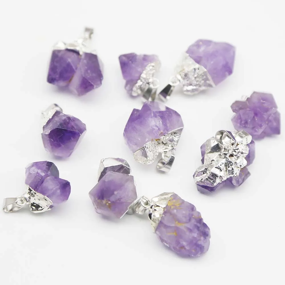 Natural Raw Ore Amethyst Irregular Electroplated Silver Necklace Pendant Charm Earrings Jewelry Gift Accessories Wholesale 12Pcs