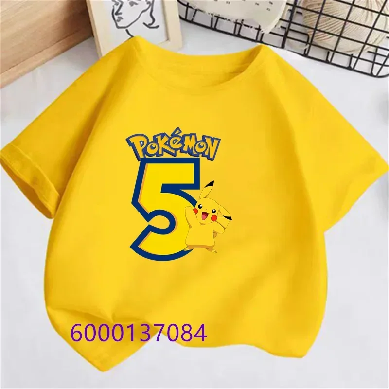 Pokemon Birthday Number Baby T Shirt Pikachu Yellow T Shirt+Shorts Infant Boy Girl Tees Tops Anime Cartoo Kids Summer Clothes 5