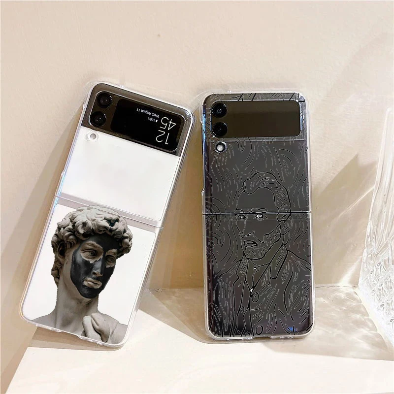 Artistic Clear Hard Folding Phone Case with David & Mona Lisa Design