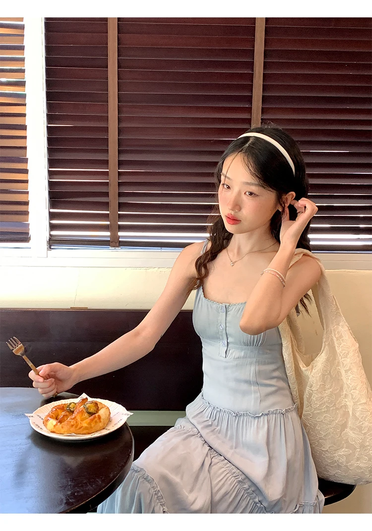 French Elegant Dresses for Women Solid Spaghetti Strap Summer New Ruffles A-line Casual Korean Chic Midi Vestidos Mujer