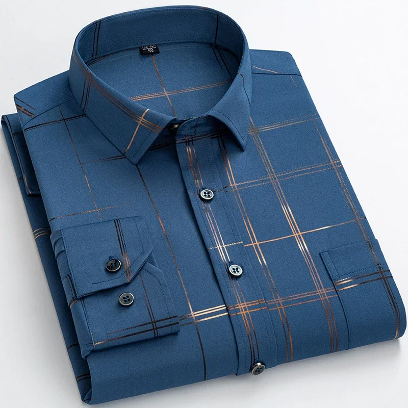 New in shirt plus size bronzing elastic long-sleeve shirts for men non-iron slim fit formal plain shirt casual plaid clothes
