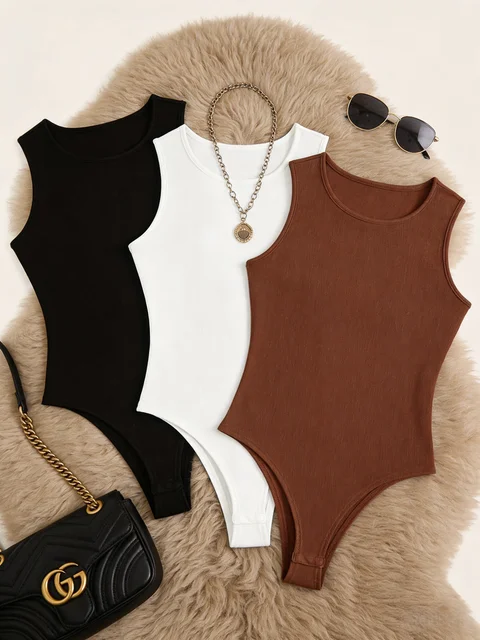 Conjunto de 3 Bodys de Mujer, Cuello Redondo, Acanalados, Sin Mangas, Ajustados, de Una Pieza 3