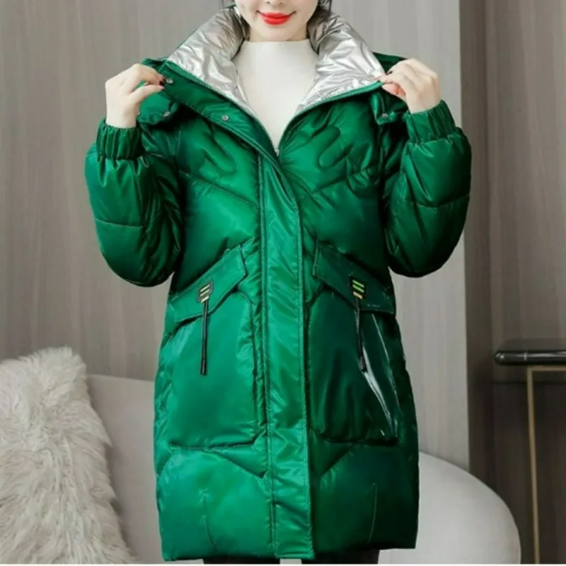 

2023 The Glossy Washable Down Cotton-padded Jacket Women Long Fashion Casual Loose Hooded Winter Coat Cotton-padded Jacket