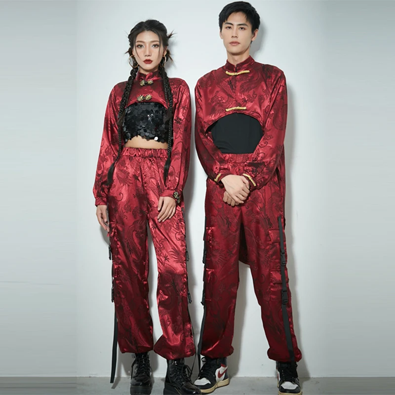 

Adult Chinese Style Hip Hop Dance Performance Costume Red Jazz Dance Clothing Festival Dancewear Street Dance Clothes