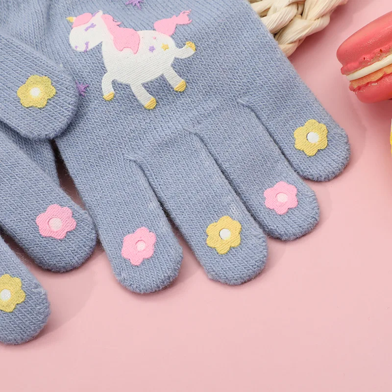 3-8 Years Kids Cartoon Gloves Cute Unicorn Winter Thick Warm Boy Girl Five Fingers Mittens Outdoor Windproof Student Gloves winter gloves