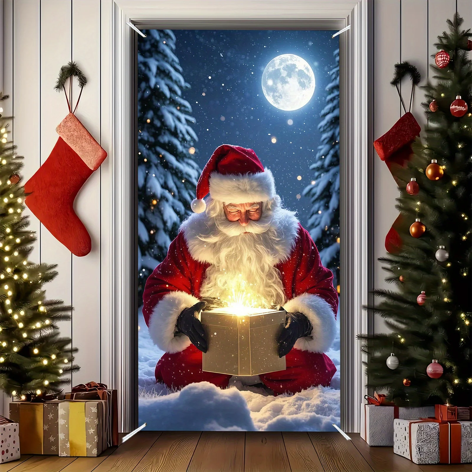1 Stück, Weihnachts-Türrahmen-Banner aus Polyester – Weihnachtsmann-Design, Weihnachtsgeschenkbox, Party-Dekoration für Winterfestivals – Detail 6